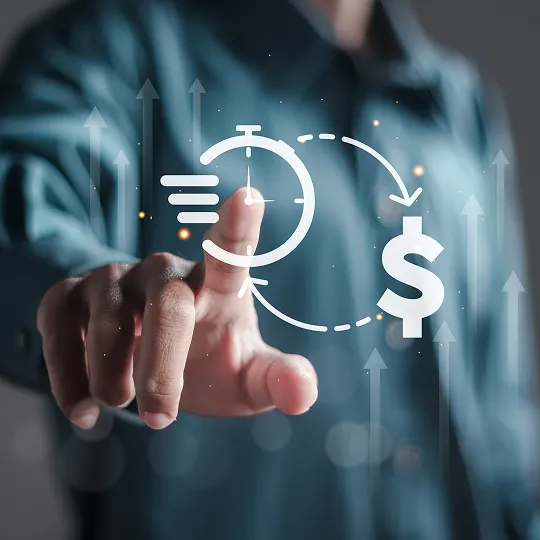 Person in blue shirt pointing at digital stopwatch and dollar sign icons with upward arrows.