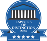 Logo featuring a classical building with columns, text "Lawyers of Distinction 2024," and five stars.