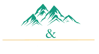 Logo featuring three green mountain peaks above white and orange text on a black background.