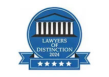 Logo featuring a courthouse icon with text "Lawyers of Distinction 2024" and five stars.
