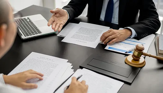 Two professionals in formal attire discussing contract documents at a black desk with a laptop and wooden gavel.