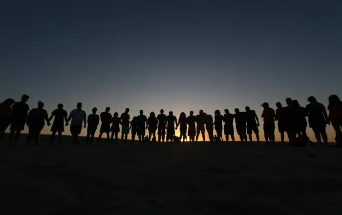 Silhouettes of a large group of people holding hands against a sunset sky.