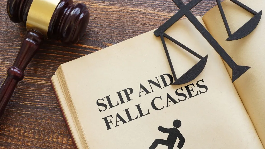 Open book with "Slip and Fall Cases" text, wooden gavel, and black scales of justice on wooden surface.