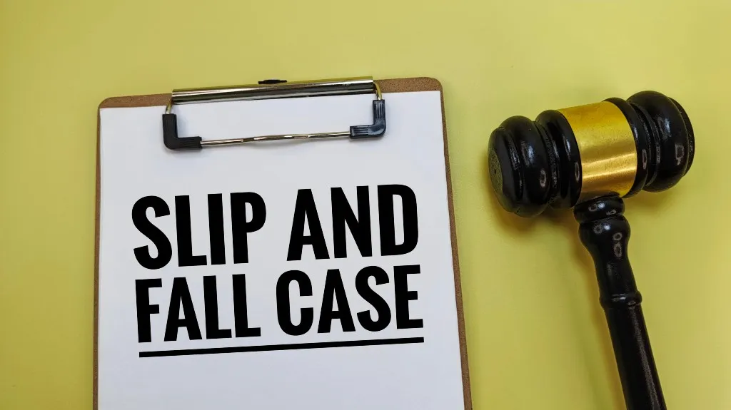 Clipboard with "Slip and Fall Case" text beside a black and gold judge's gavel on yellow background.