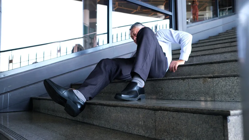 Middle-aged man in business attire sitting on stairs, appearing to be in pain or discomfort.