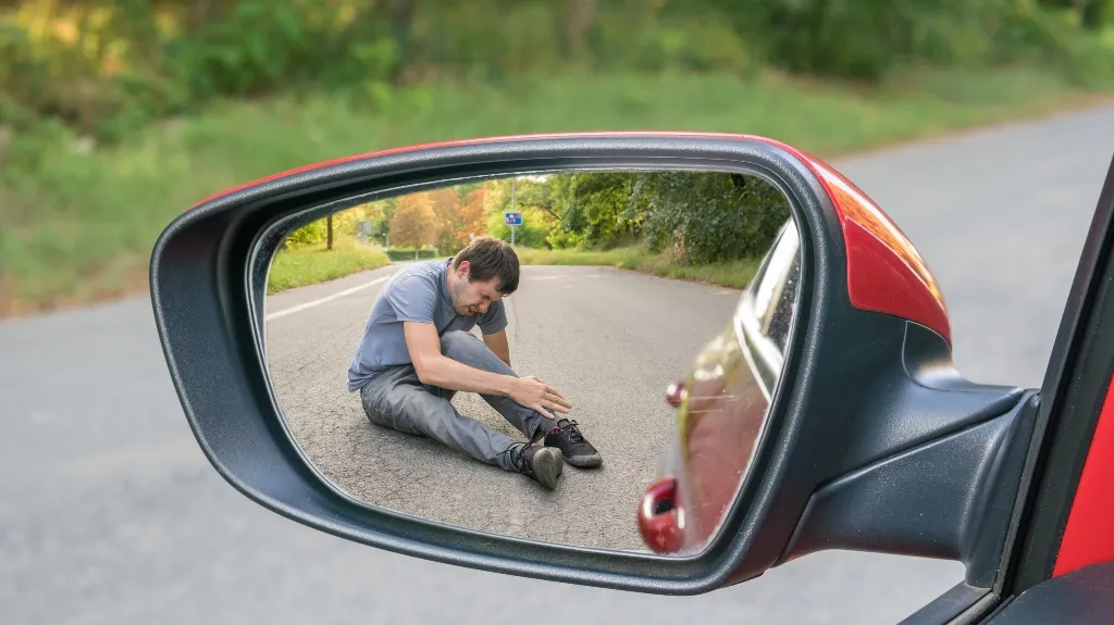 View of a man sitting on the road holding his injured ankle, seen through a red car's side mirror.